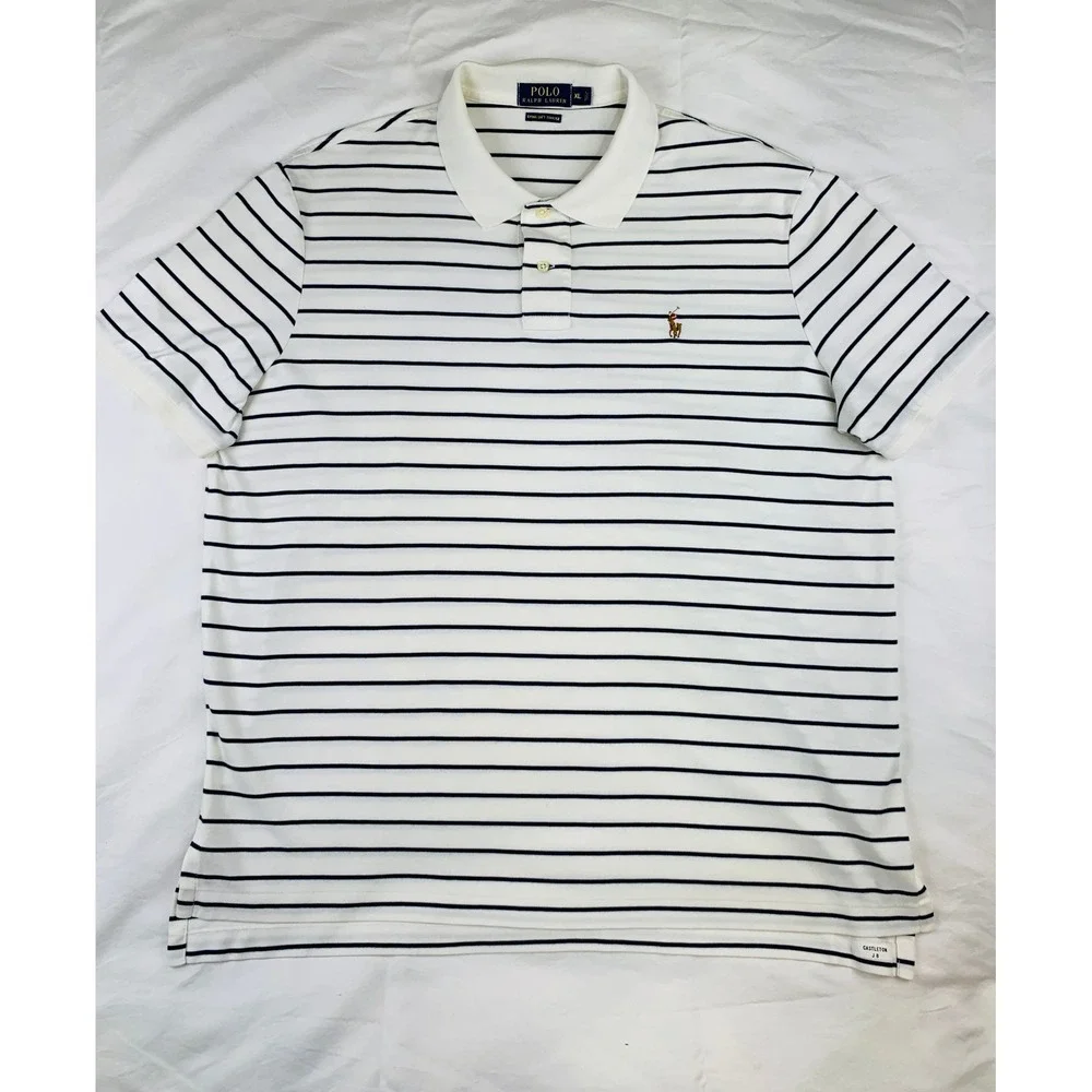 Polo Ralph Lauren XL Striped Pima Soft Touch Polo Shirt White Navy Flesh Pony